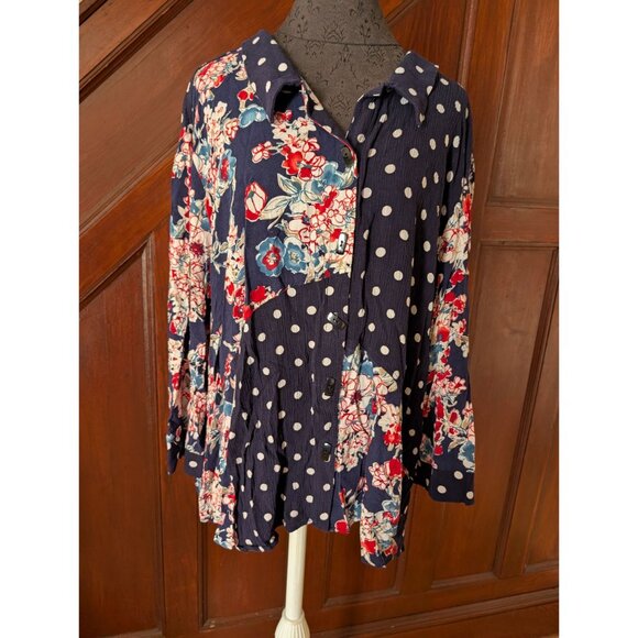 Studio Nouveau Womens 3X Polka Dot & Floral Button-Down Blouse - Picture 1 of 8